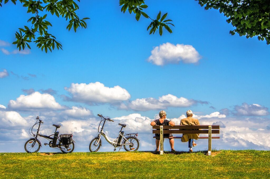 man, woman, nature, bicycle, bike, air, sky, bench, peace, people, couple-3861989.jpg